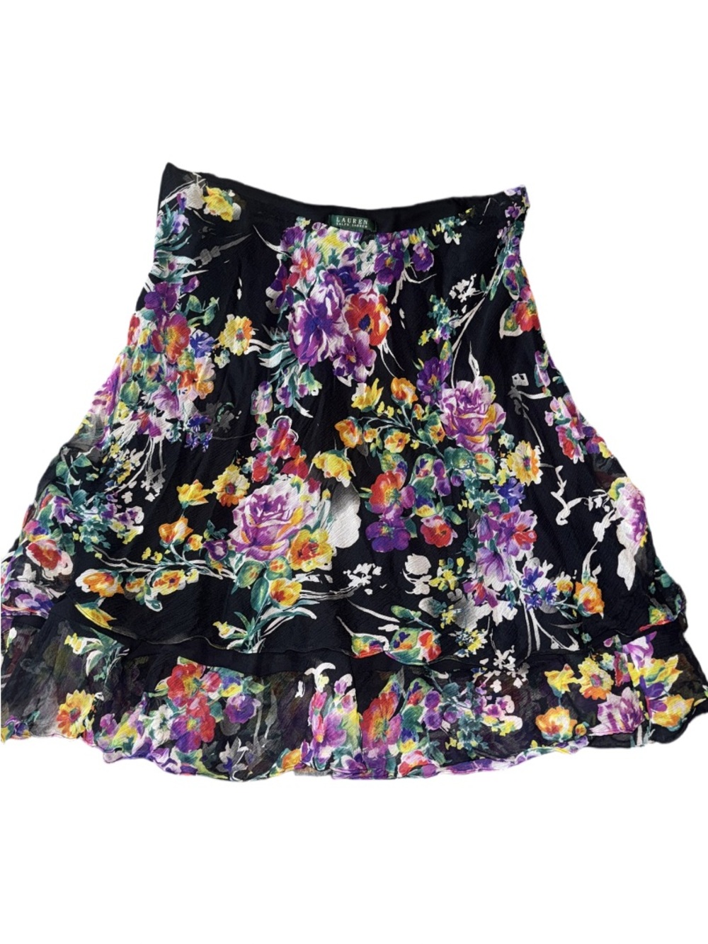 Lauren Ralph Lauren 100% Silk Black Floral Skirt w Purple, Pink & Yellow large - Picture 4 of 6